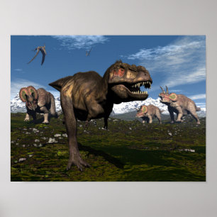 Tyrannosaurus rex attackerad av triceratops dinosa poster