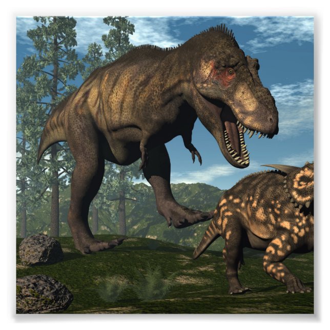Tyrannosaurus rex attackerar einiosaurus dinosaur fototryck (Framsidan)