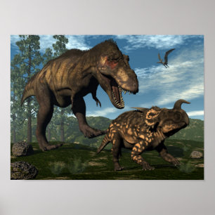 Tyrannosaurus rex attackerar einiosaurus dinosaur poster