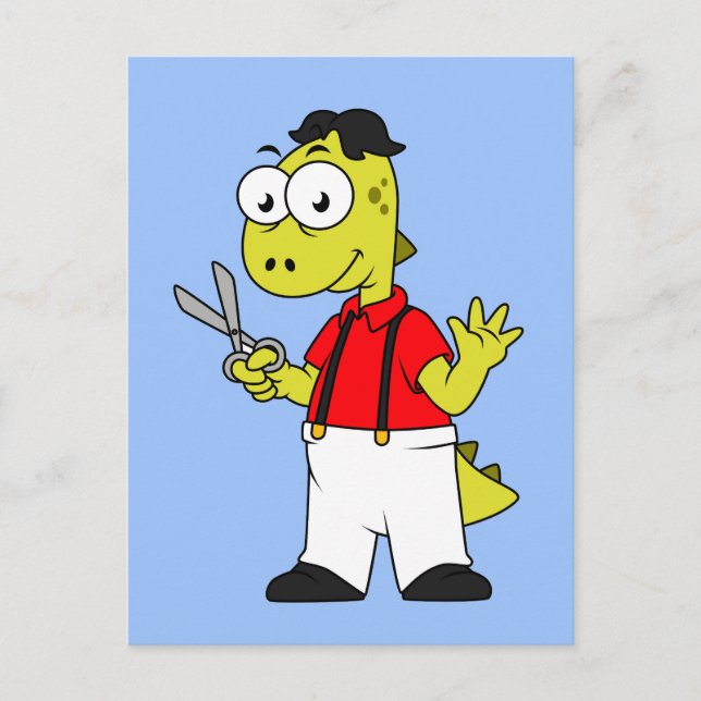 Tyrannosaurus Rex Barber med saxar. Vykort (Framsida)