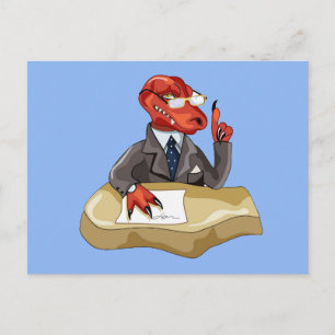 Tyrannosaurus Rex Chef Sitta vid ett bord. 2 Vykort