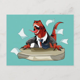 Tyrannosaurus Rex Chef Sitta vid ett bord. Vykort