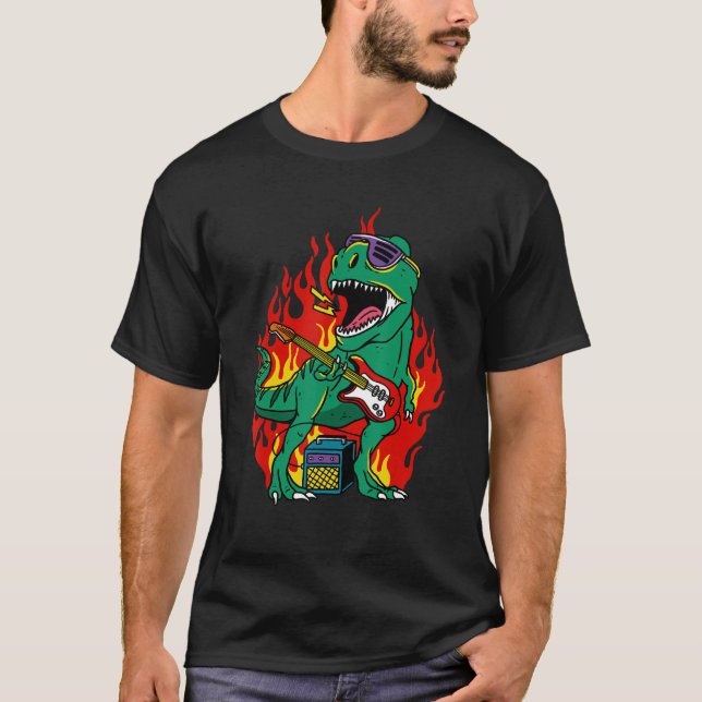 Tyrannosaurus Rex Dinosaur Playing Rock Guitar T R T Shirt (Framsida)
