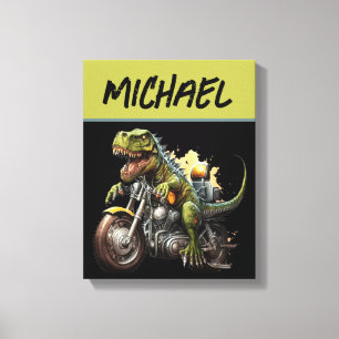 Tyrannosaurus Rex Dinosaur Riding a Motorcykel Canvastryck
