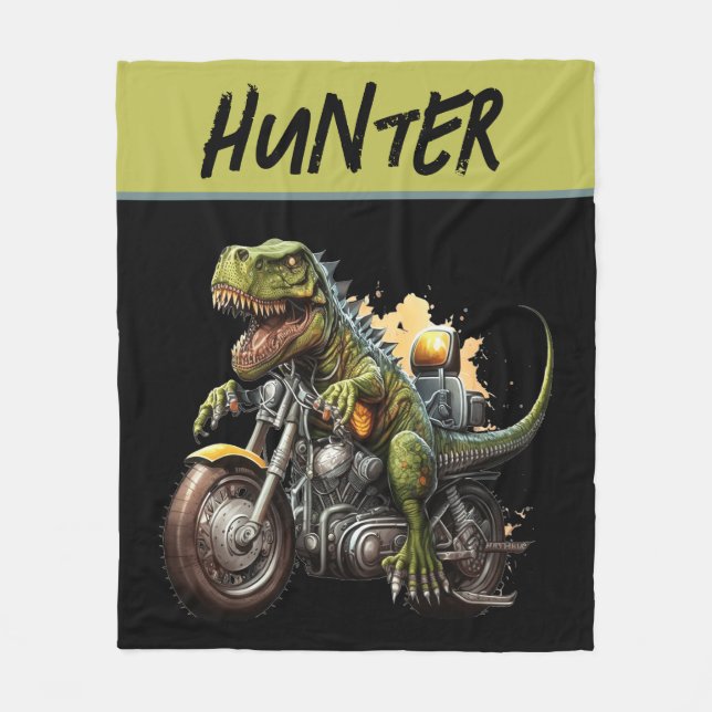Tyrannosaurus Rex Dinosaur Riding a Motorcykel Fleecefilt (Framsidan)