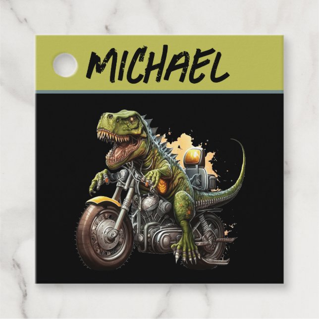 Tyrannosaurus Rex Dinosaur Riding a Motorcykel Gåvor Etiketter (Framsida)