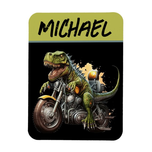Tyrannosaurus Rex Dinosaur Riding a Motorcykel Magnet (Vertikal)