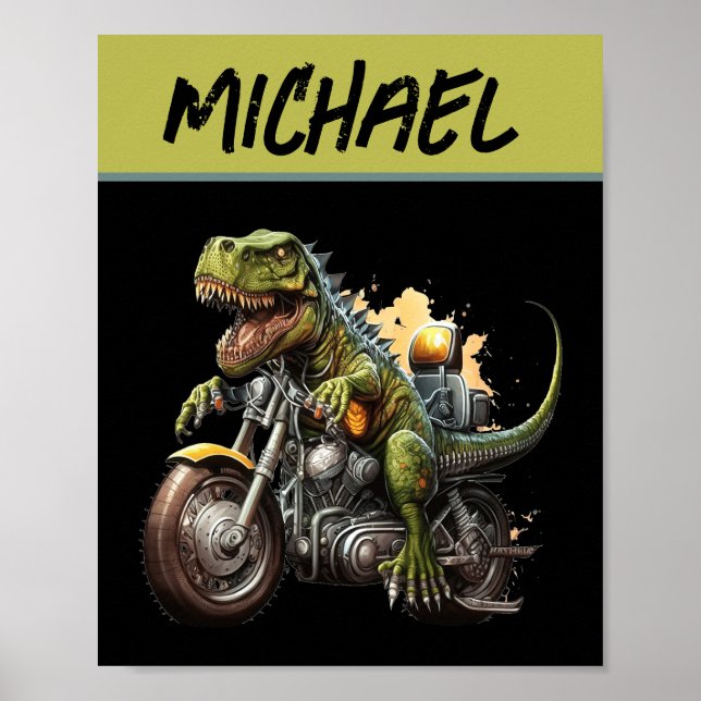 Tyrannosaurus Rex Dinosaur Riding a Motorcykel Poster (Framsidan)