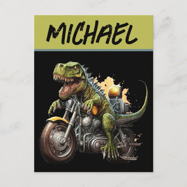 Tyrannosaurus Rex Dinosaur Riding a Motorcykel Vykort (Framsida)