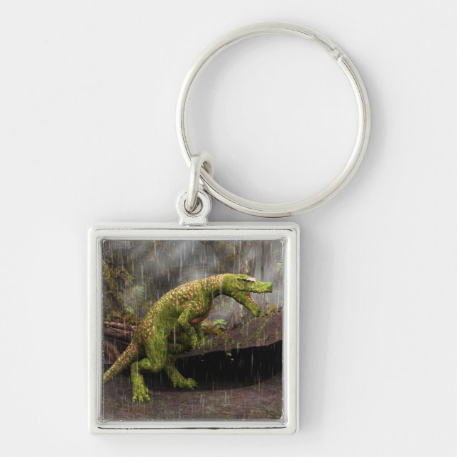 Tyrannosaurus Rex Fyrkantig Silverfärgad Nyckelring (Framsidan)