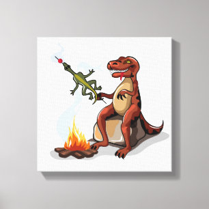 Tyrannosaurus Rex kokar mat över en Campfire. Canvastryck