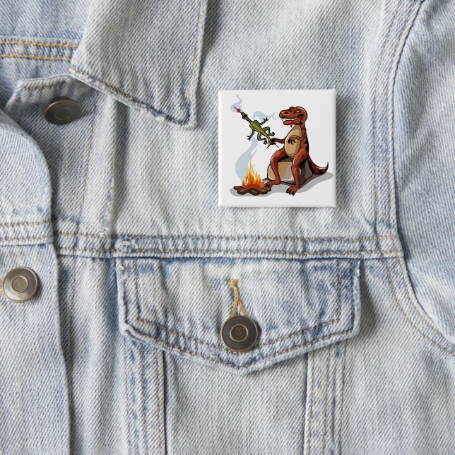 Tyrannosaurus Rex kokar mat över en Campfire. Knapp (In Situ)