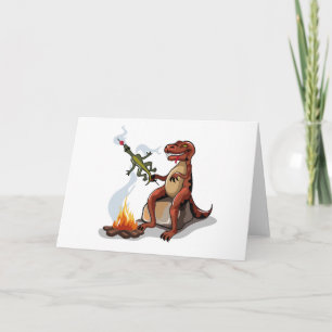 Tyrannosaurus Rex kokar mat över en Campfire. Kort