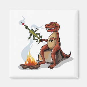 Tyrannosaurus Rex kokar mat över en Campfire. Magnet