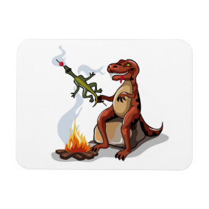 Tyrannosaurus Rex kokar mat över en Campfire. Magnet