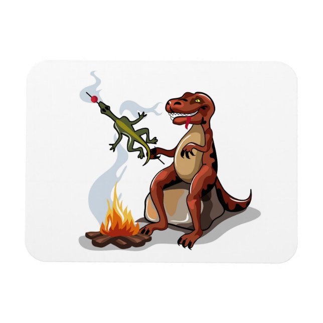 Tyrannosaurus Rex kokar mat över en Campfire. Magnet (Horisontell)
