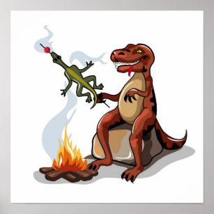 Tyrannosaurus Rex kokar mat över en Campfire. Poster