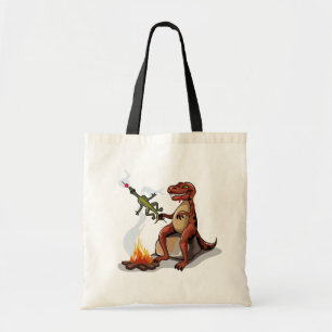 Tyrannosaurus Rex kokar mat över en Campfire. Tygkasse