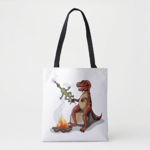 Tyrannosaurus Rex kokar mat över en Campfire. Tygkasse