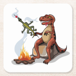 Tyrannosaurus Rex kokar mat över en Campfire. Underlägg Papper Kvadrat
