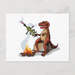 Tyrannosaurus Rex kokar mat över en Campfire. Vykort