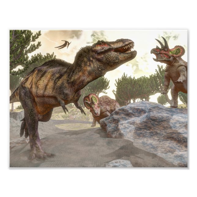 Tyrannosaurus rex som flyter från triceratops atta fototryck (Framsidan)