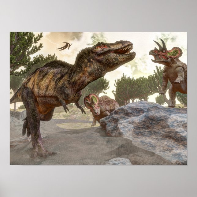 Tyrannosaurus rex som flyter från triceratops atta poster (Framsidan)