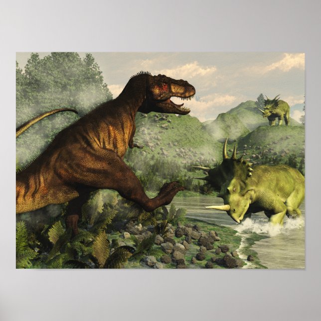 Tyrannosaurus rex som kämpar mot styrakonosaurus poster (Framsidan)