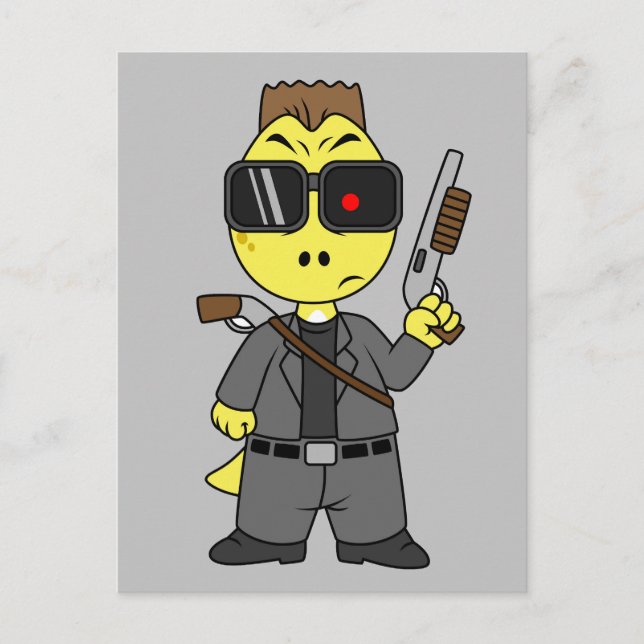 Tyrannosaurus Rex utklädd som Terminator. Vykort (Framsida)