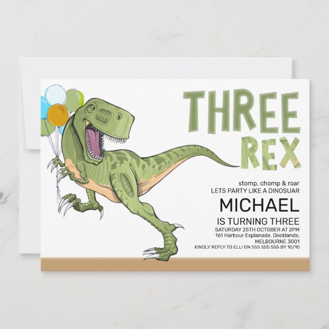 Tyrannosaurus Tre Rex Dinosaur 3:e födelsedagen Inbjudningar (Framsida)