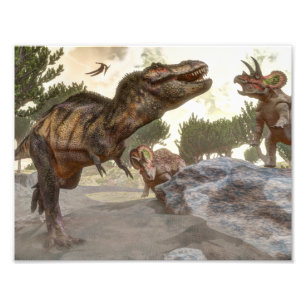 Tyrannosaurusrex som flyr från triceratopsattack fototryck