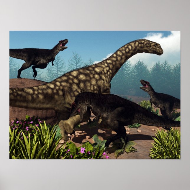 Tyrannotitan angriper en argentinosaurus dinosauau poster (Framsidan)