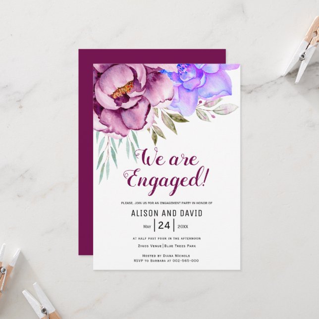 Tyrianska lila vattenfärgsblommor blommigt förlovn inbjudningar (Fram/Back In Situ)