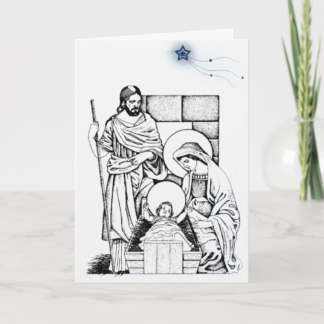 Tysk blått- och vitNativityjulkort Helgkort (Framsida)