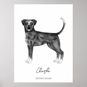 Tysk Boxerhund i svart och vitt & Anpassad text Poster