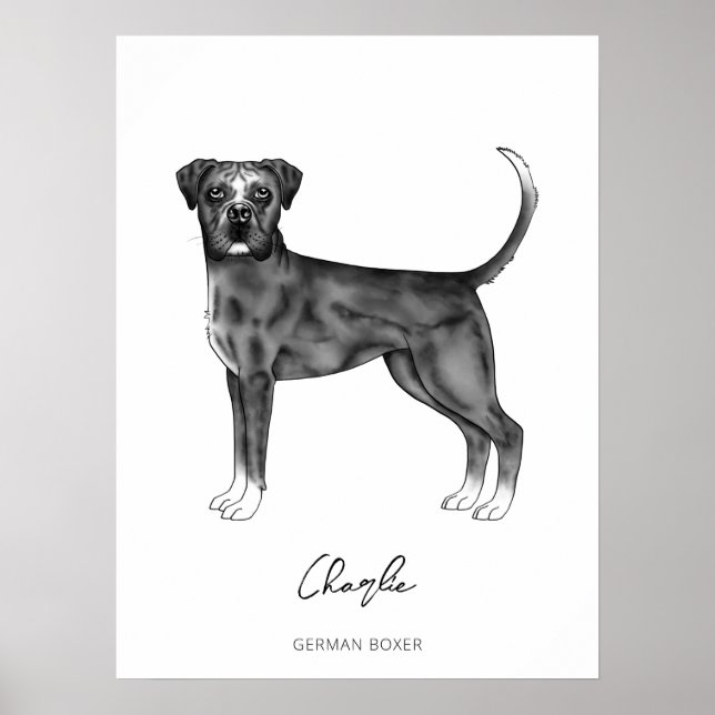 Tysk Boxerhund i svart och vitt & Anpassad text Poster (Framsidan)