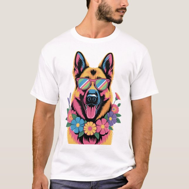 Tysk cool shepherd i neonfärgade glasögon t shirt (Framsida)