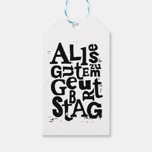 Tysk "Grattis på födelsedagen" Lino Print Presentetikett (Framsidan)