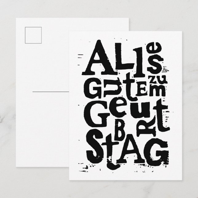 Tysk 'Grattis på födelsedagen' Lino Tryck Postkort Meddelande Vykort (Fram/baksida)