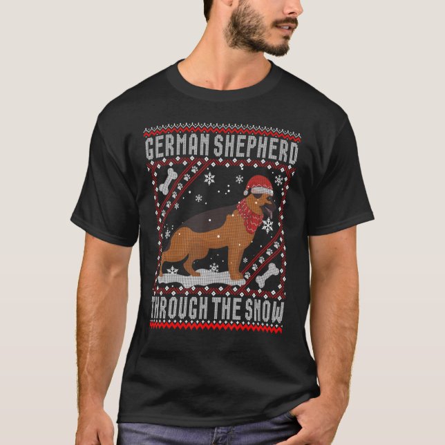 Tysk herdefisk Hund genom Snö Ugly Sweater T Shirt (Framsida)