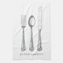 Tysk kökshandduk, gaffel, sked, knivar