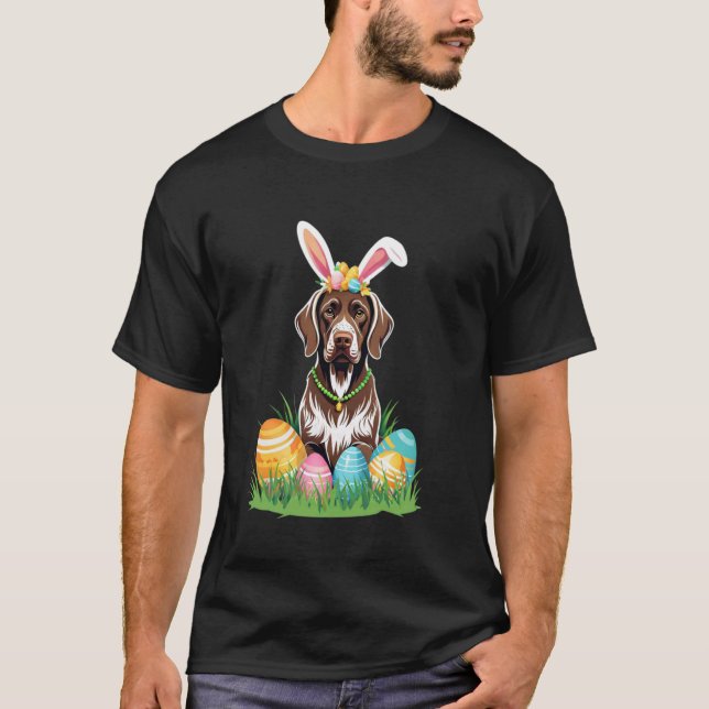 Tysk Korthårig Pointer Hund med Kaninöron Påsk T Shirt (Framsida)