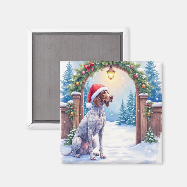 Tysk korthårig pointer snöig grind tomtehatt magnet (Front/Back)