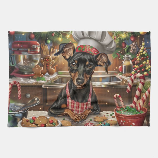 Tysk Pinscher Helgdag Baking: julafton Kökshandduk (Horisontell)