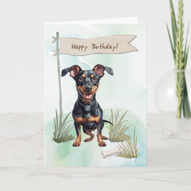 Tysk Pinscher-Hund utomhus under födelsedagsskylt Kort (Framsida)