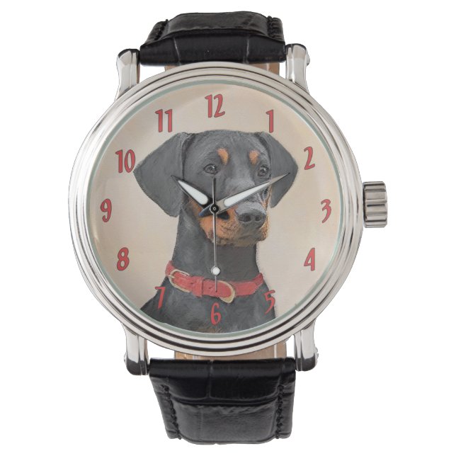 Tysk Pinscher Målning Original Djur Konst Armbandsur (Framsida)