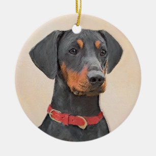 Tysk Pinscher Målning Original Djur Konst Julgransprydnad Keramik
