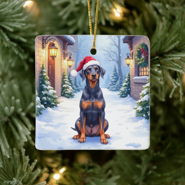 Tysk Pinscher Snöig gårdsplan Tomtehatt Julgransprydnad Keramik (Träd)