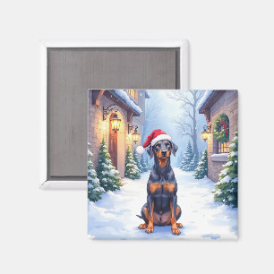 Tysk Pinscher Snöig gårdsplan Tomtehatt Magnet