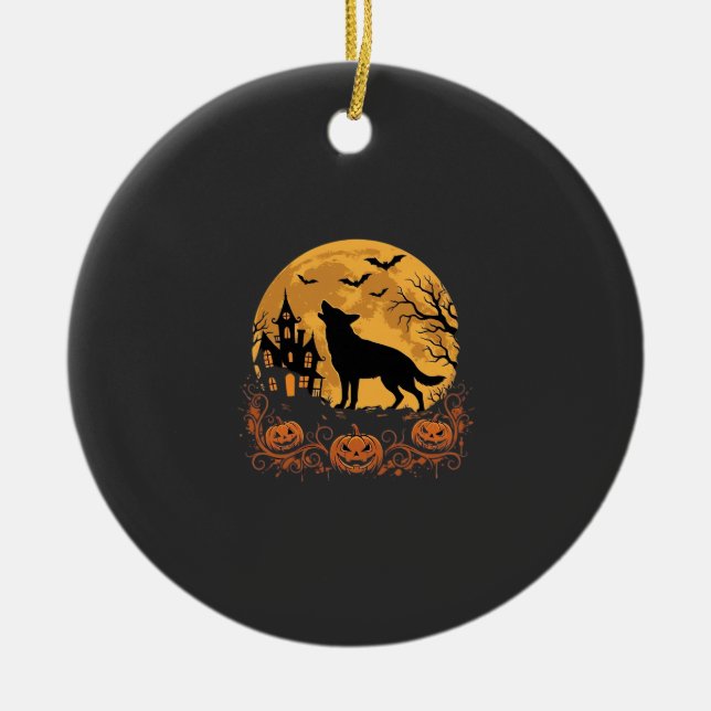 Tysk Schäfer Halloween Måne Pumpa Design_1 Julgransprydnad Keramik (Framsidan)